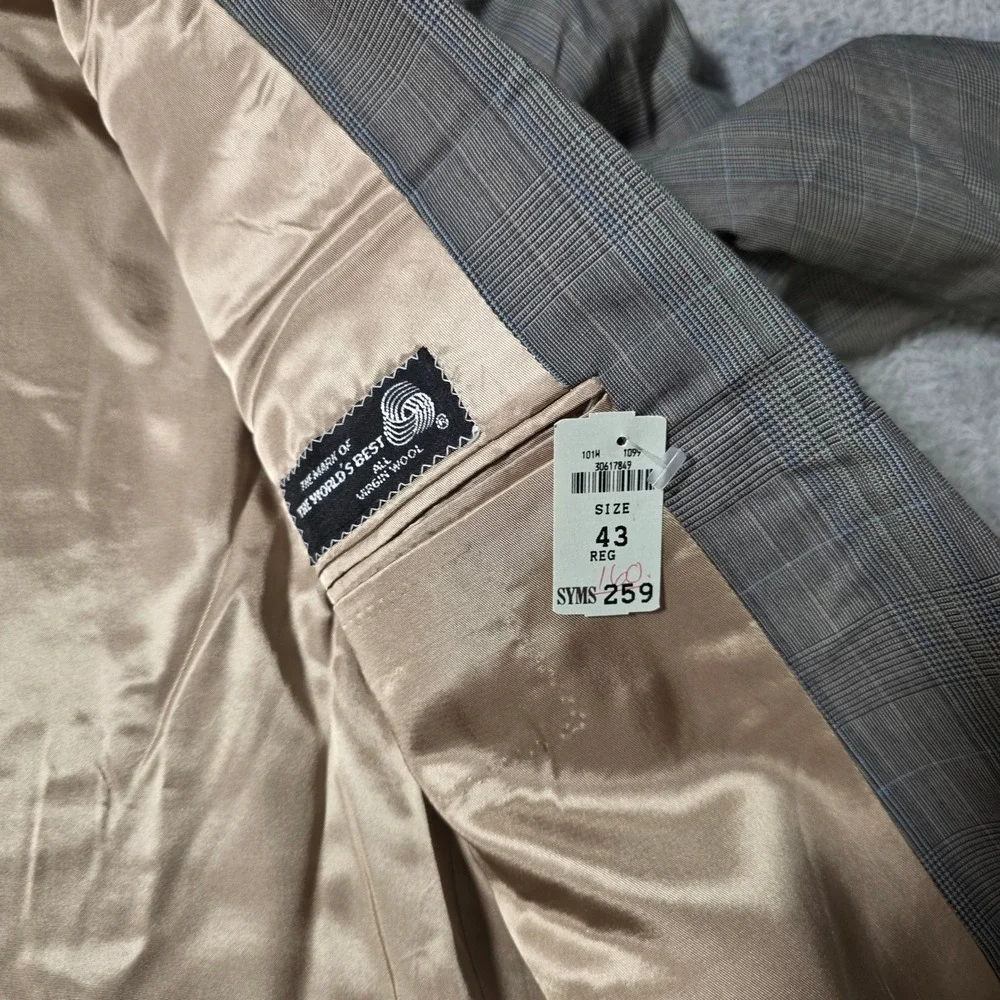 Perry Ellis Mens 43R 36x37 Suit Grey Glen Plaid Double Breasted Wool Vintage